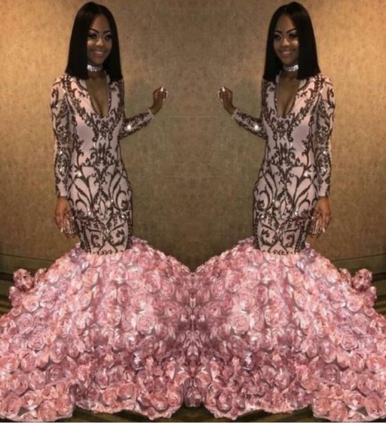 

pink 3d floral rose flowers mermaid evening dresses 2021 gold appliques vneck african prom dresses long sleeves party pagean9559325, Black