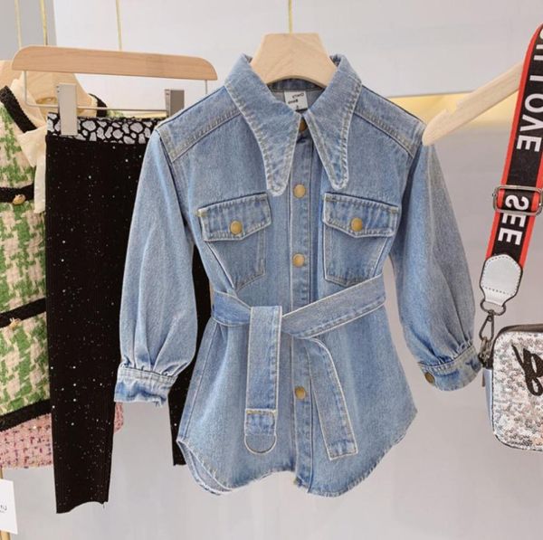 

girls jean dresses kids lapel long sleeve casual denim dress children single breasted belt cowboy dress fashion fall girl clothes 5631883, Red;yellow
