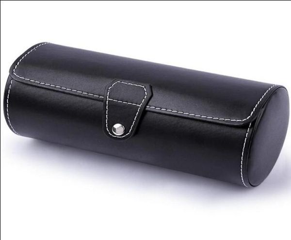 

whole cylindrical black pu leather watch cases travel watch cases4682160, Black;blue