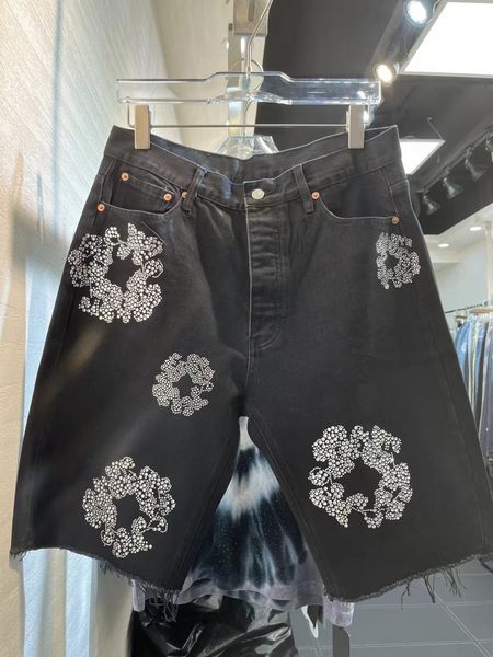 

men's luxury shorts jeans men jean flower diamond shortpants slim denim street hip hop, Blue