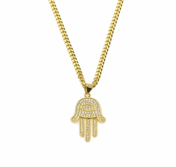 

pendant necklaces gold silver fatima hamsa hand bling cz iced out charm cuban chain for women mens hip hop jewelry2356215