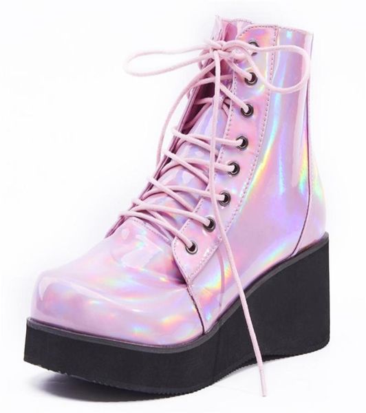 

jialuowei style unisex039s shoes punk wedge heel 7cm pink holographic leather halloween costumes gothic ankle boots 2108265188342, Black