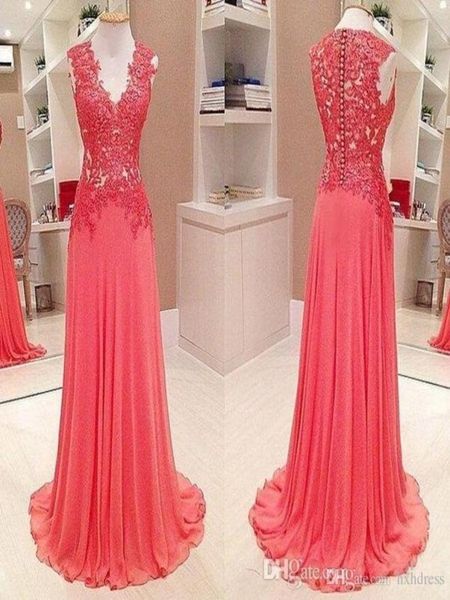

2019 new coral prom dresses v neck illusion lace appliques long chiffon sweep train button back formal party dress evening g3609544, Black