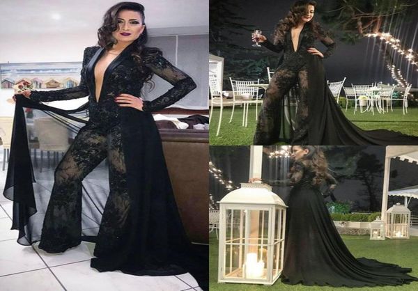 

evening dress with detachable train jumpsuits deep v neck long sleeves lace appliqued beaded formal party gowns custom made long p7291575, Black;red