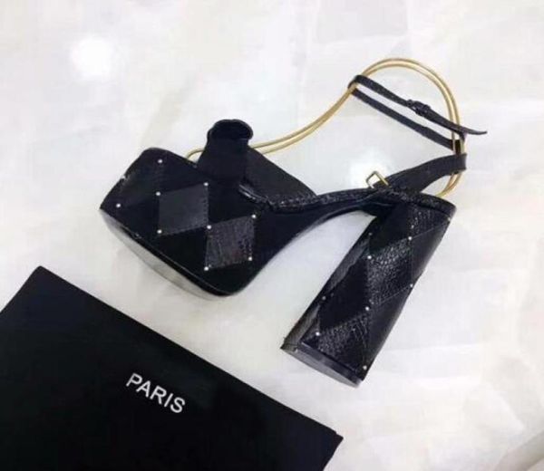 

orignal box new womens chunky super high heels 14cm platform waterproof sandals ladies slingbacks bandage summer rivet shoe4591906, Black