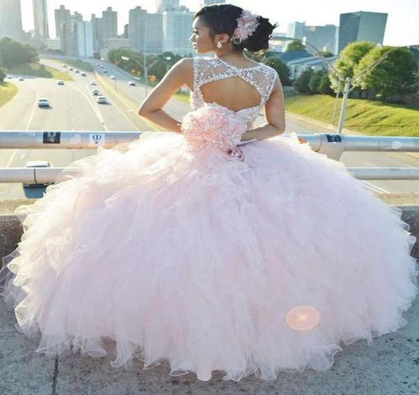 

custom made pink ball gown quinceanera dresses open back sheer crystals neck ruffles tulle sleeveless 2019 plus size sweet 16 prom4951614, Blue;red