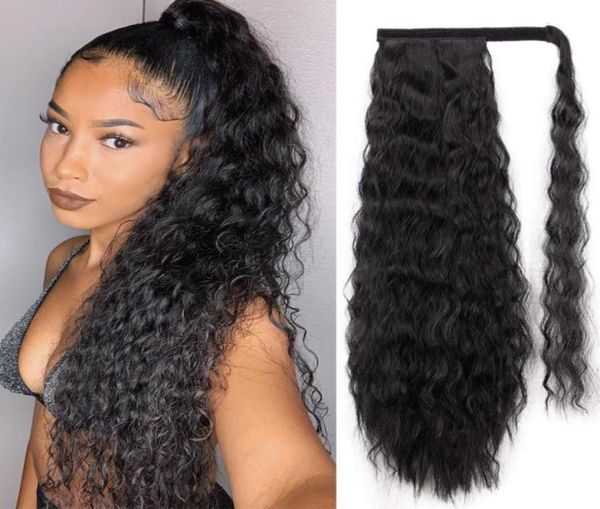 

rebeauty long wavy ponytail hair extension synthetic wrap around magic paste ponytail water wave clip in hairpiece natural color 23066446, Black