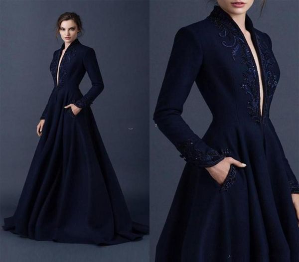 

2020 elegant satin aline dresses embroidery paolo sebastian dresses beaded formal party wear ball gown plunging v neck evening dre7067604, Black;red