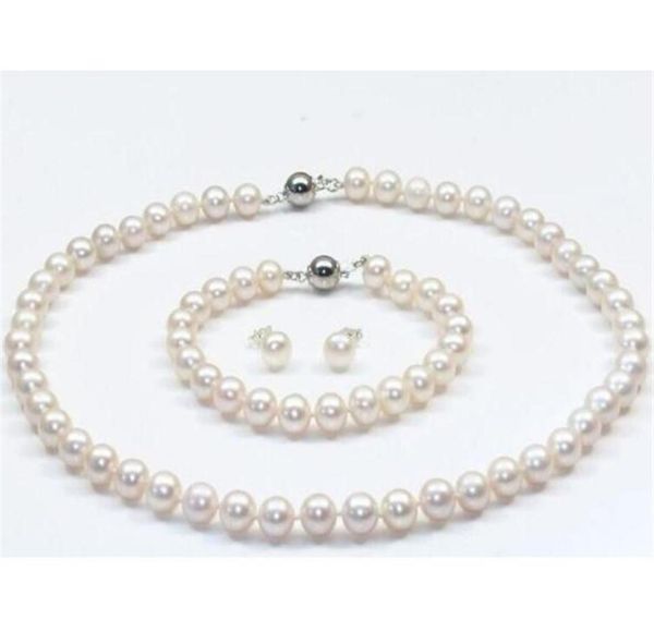

910mm natural akoya white pearl necklace 18inch 925 silver clasp bracelet earrings299v1449794
