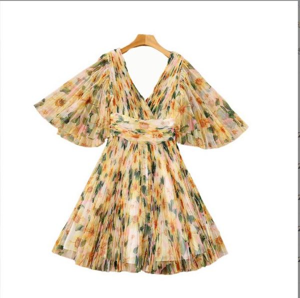 

518  2023 runway dress v neck short sleeve yellow mesh dress empire brand same style dress flora print womens clothes sh, Black