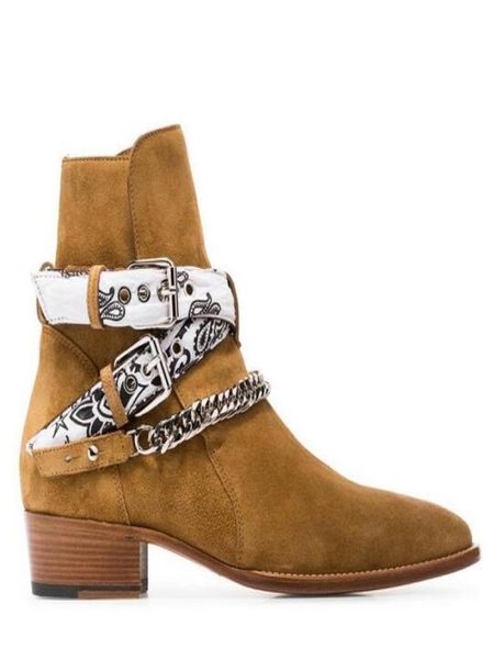 

new brand ami ri bandana buckle boots rock roll culture cool suede silvertone metal curb chain buckles straps low stacked heel bo3809048, Black