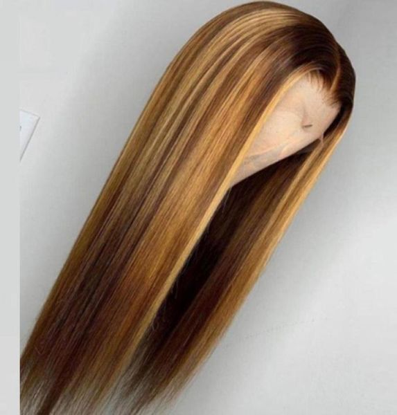 

ombre highlight wig brown honey blonde colored hd whole lace front human hair wigs straight 13x6 middle part lace frontal wig remy1930218, Black;brown