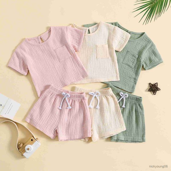 

clothing sets cotton linen casual baby boys girls summer outfits solid short sleeve pocket t-shirtandtie front shorts 2pcs set clothes, White