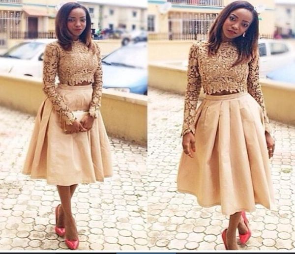 

champagne lace two pieces prom dresses with long sleeves high neck crop vintage tea length short party homecoming dress 2015 v7001443, Black