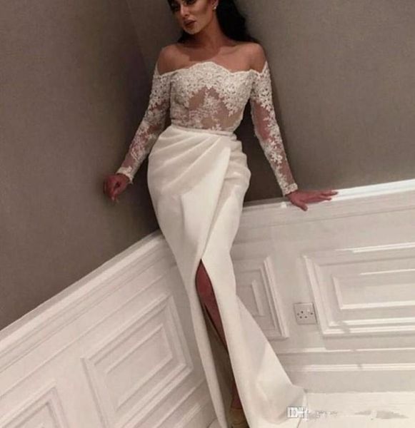 

saudi arabic lace evening dresses off the shoulder long sleeve see through evening gowns appliqued dubai kaftan dress split party 6556565, Black;red