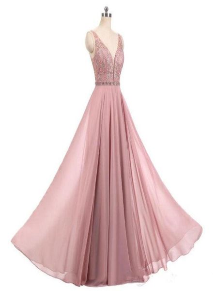 

new 2019 real blush pink dresses v neck sleeveless beads a line long chiffon formal prom dresses evening party gown mother dresses6703427, Black