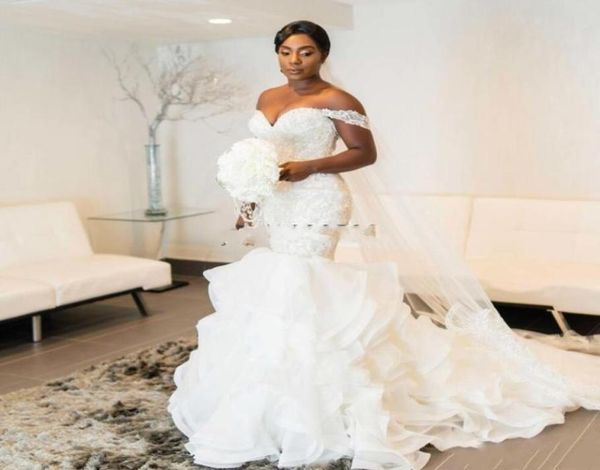 

african mermaid wedding dresses spaghetti crystal cascading ruffles sweep train appliques wedding dress bridal gowns vestidos de n4809319, White