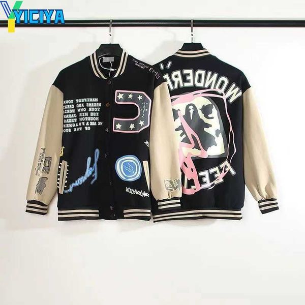 

yiciya japanese bomber designer jackets for men print bolt baseball collar streetwear hip hop varsity letterman coats highstreet fitness cl, Black;brown