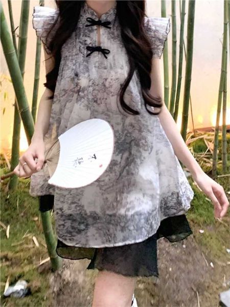 

2023 summer new chinese style printed ruffles midi dress vintage floral flying sleeve party dress french elagant fairy dress, Black;gray