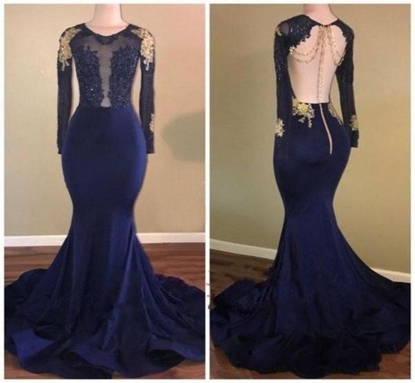 

navy blue arabic long sleeves evening dresses jewel sheer neck appliques lace prom dresses mermaid style open back party gown2399278, Black;red