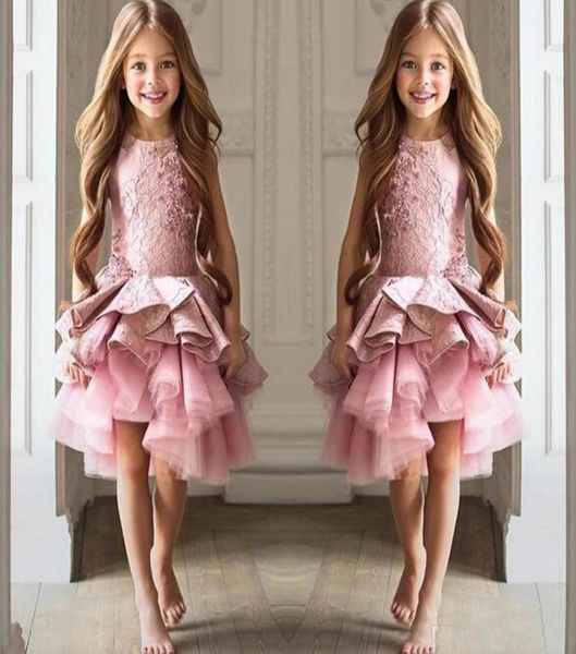 

2021 luxury pink flower girl dresses for wedding lace appliques ruffles tiered high low length birthday kids beauty pageant ball g8228593, White;blue