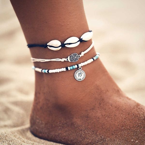 

anklets boho three layers rope chain shell ankel bracelets punk vintage skull anklet foot accessories seashell bracelets for women aa230530, Red;blue