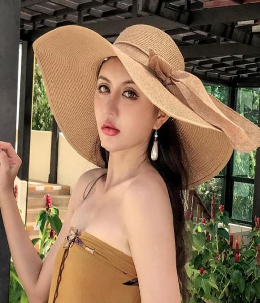 

wide brim hats beach female summer seaside outing foldable big rim straw hat sun shade76186938220010, Blue;gray