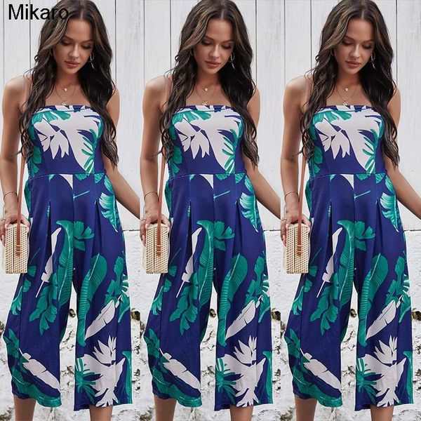 

mikaro chest wrapped digital printing jumpsuit wide leg pans women's wear, Black