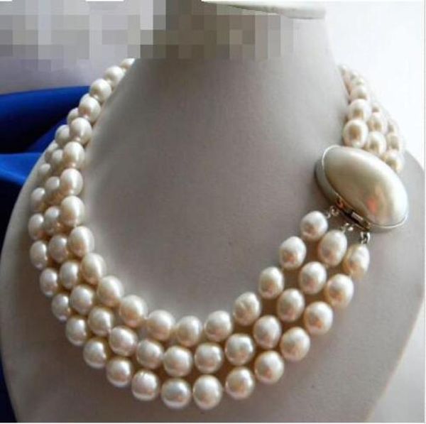 

3strands 11mm white rice freshwater pearl necklace012348876016, Silver