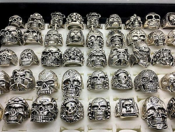 

men039s fashion 50pcs lots mix style big size skull carved biker silver plated rings jewelry skeleton ring2036934