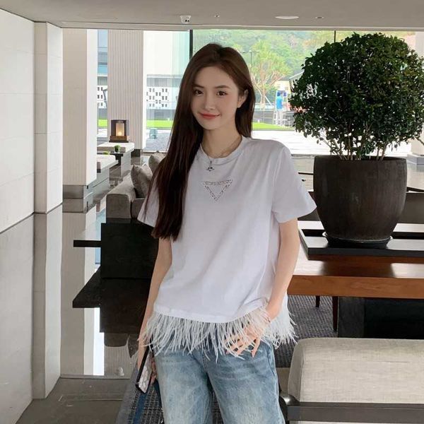 

summer womens t shirt fashion lace hollow lace triangle short sleeved shirts designer t shirt hem feather round neck tee women slim t-shirt, White