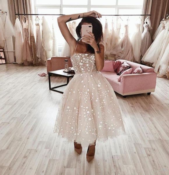 

2019 spaghetti shinning star aline prom dresses tulle sequined elegant evening formal gowns tea length custom made ogstuff8449820, Black