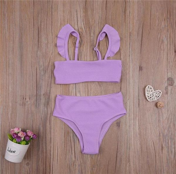 

girls solid color split swimsuit set sleeveless backless low cut bikini with ruffles panties for summer clothing sets1859576, White