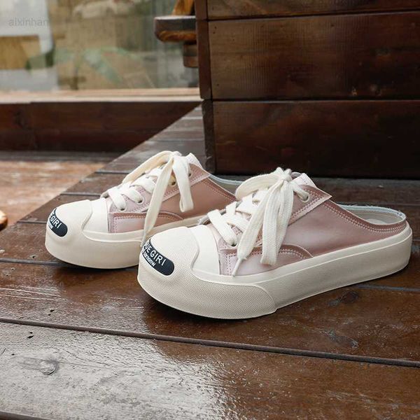 

big head doll summer round head half tray canvas shoes casual sports board shoes women's versatile silk satin dissolved slippers, Black