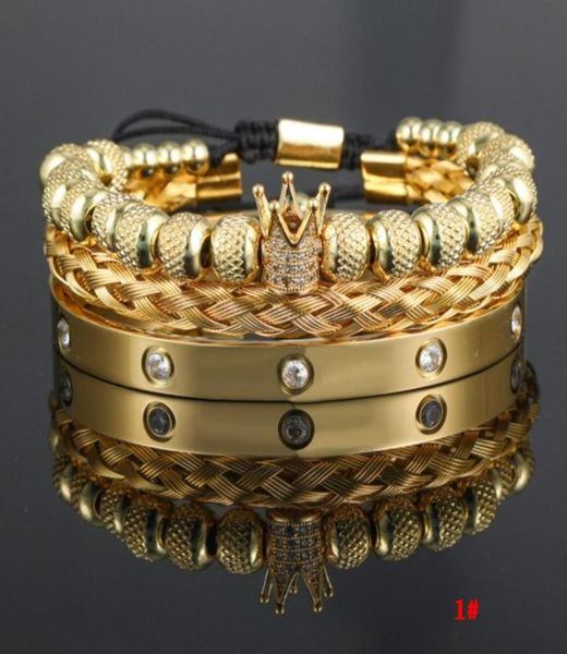 

3pcsset luxury micro pave cz crown roman royal charm men bracelets stainless steel crystals bangles couple handmade jewelry gift9603206, Golden;silver