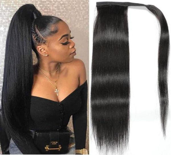 

new style indian human hair straight ponytail clip in ribbon fluffy hair pieces extensions for woman88497101577278, Black
