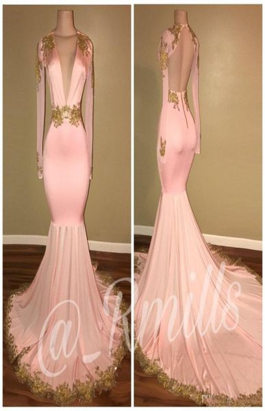 

new design pink prom dresses evening wear long sleeve open back lace applique deep v neck party gowns sweep train long graduation 9795633, Black