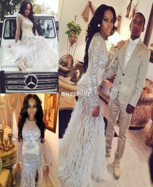 

2020 luxury sparkly prom dresses mermaid long sleeves rhinestones feather see through pageant gowns celebrity maxi evening dr7429667, Black
