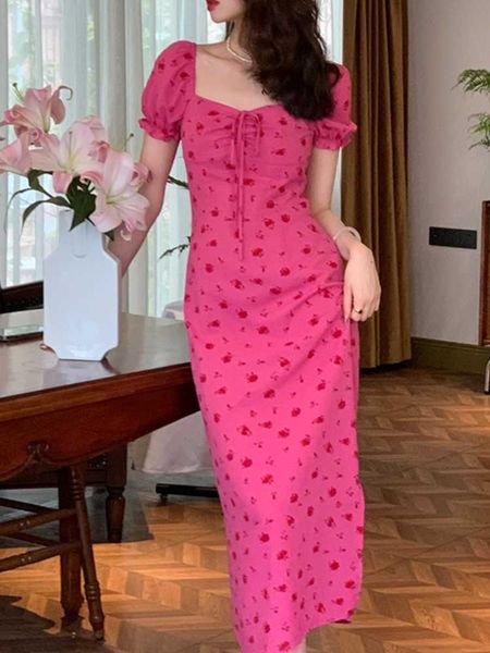 

women pink elegant square collar midi dress female franch puff sleeve patchwork holiday beach dress chiffon vintage prom dress, Black;gray