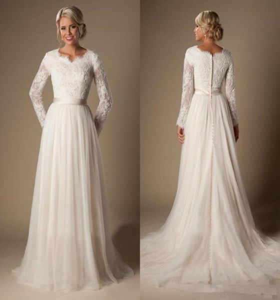 

new modest aline lace tulle temple wedding dresses long sleeves vneck sheer sleeves trains buttons back bridal gown plus size ar7571614, White