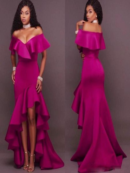 

dark fushia prom dresses south african off the shoulder evening gowns high low ruffles plus size women formal party dress che3103188, Black