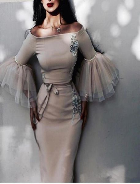 

tea length arabic prom dresses evening wear off shoulder long sleeves ruffles sheath appliques beading evening gowns cocktail part2512603, Black