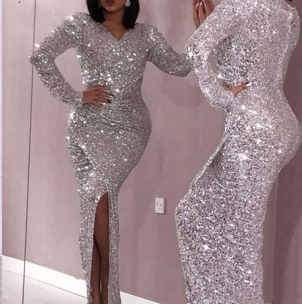

sparkling sliver mermiad prom dresses with long sleeves floor length custom made v neck side split dubai arabic evening dress8187723, Black