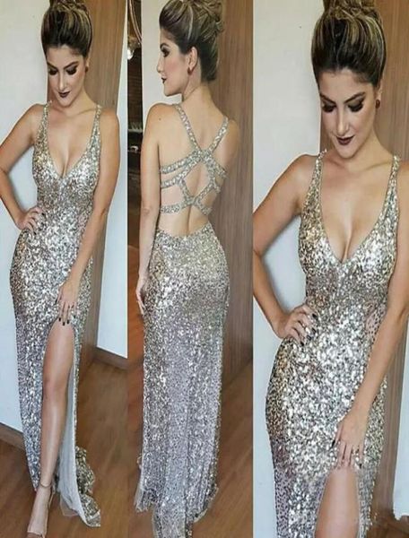 

sequined mermaid prom dresses front split spaghetti backless floor length party dress custom made9146171, Black