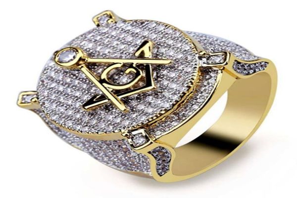 

luxury hip hop mason symbol masonic rings mens micro pave cubic zirconia bling bling simulated diamonds 18k gold plated ring7172295, Slivery;golden