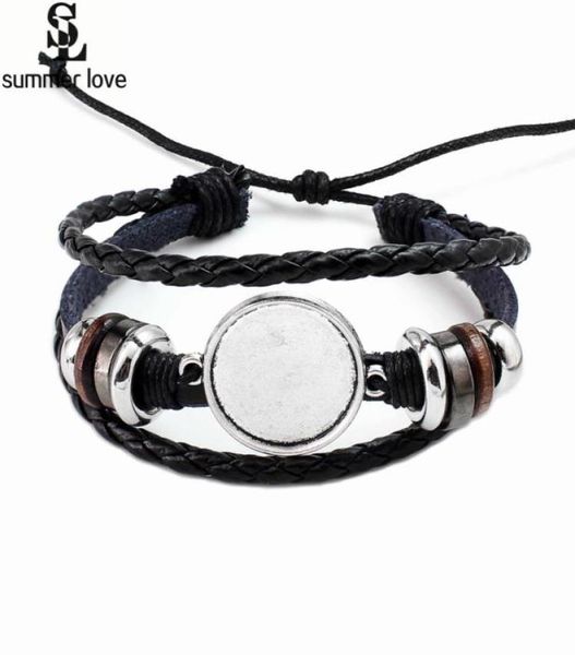 

handmade multilayer leather glass cabochon bracelet for women men 20mm diy po glass base bezel tray blank charm bracelet wholes5821883, Black