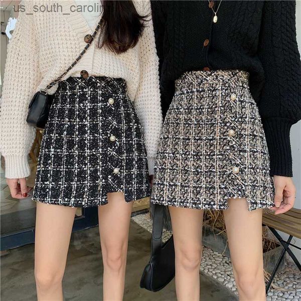 

skirts vintage plaid tweed skirts thicken women winter elegant single-breasted short mini skirt high waist female a-line skirt l230522, Black