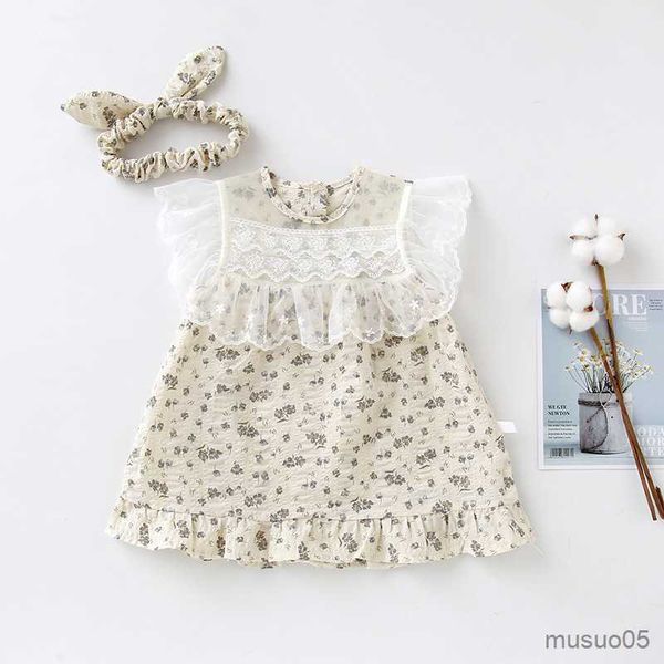

girl's dresses new summer baby flowers print clothes kids costumes girls party birthday princess dresses with hairband, Red;yellow