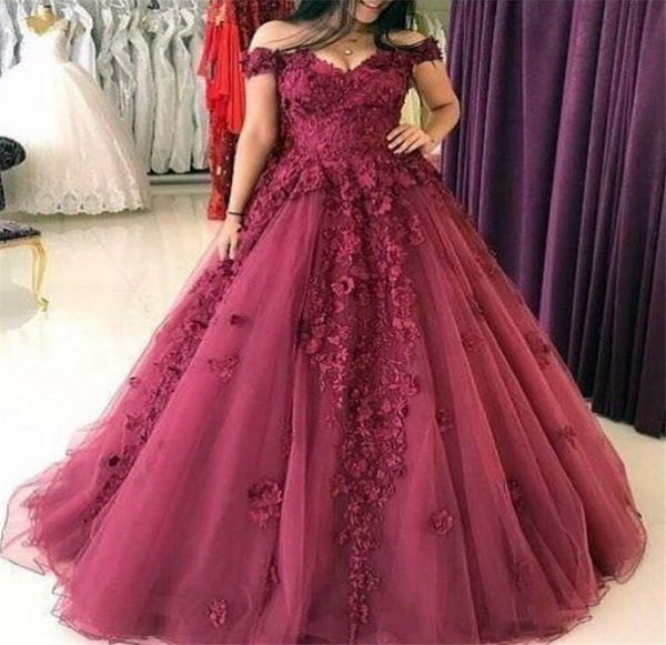 

ball gowns off the shoulder burgundy hand made 3d flowers prom gowns applique lace evening formal party gowns6048816, Black
