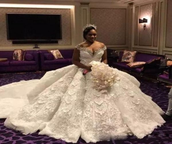 

gorgeous african plus size court train 2019 a line wedding dress offshoulder beaded collar tulle tiered skirts appliques modest b4386895, White